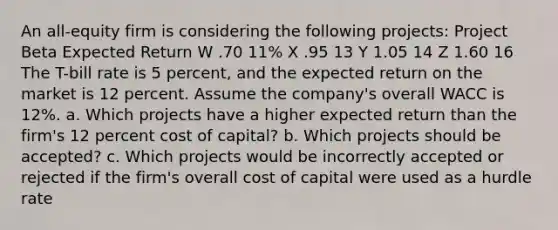 An all-equity firm is considering the following projects: Project Beta Expected Return W .70 11% X .95 13 Y 1.05 14 Z 1.60 16 The T-bill rate is 5 percent, and the expected return on the market is 12 percent. Assume the company's overall WACC is 12%. a. Which projects have a higher expected return than the firm's 12 percent cost of capital? b. Which projects should be accepted? c. Which projects would be incorrectly accepted or rejected if the firm's overall cost of capital were used as a hurdle rate