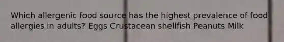 Which allergenic food source has the highest prevalence of food allergies in adults? Eggs Crustacean shellfish Peanuts Milk