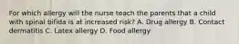 For which allergy will the nurse teach the parents that a child with spinal bifida is at increased risk? A. Drug allergy B. Contact dermatitis C. Latex allergy D. Food allergy