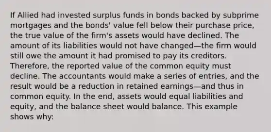 If Allied had invested surplus funds in bonds backed by subprime mortgages and the bonds' value fell below their purchase price, the true value of the firm's assets would have declined. The amount of its liabilities would not have changed—the firm would still owe the amount it had promised to pay its creditors. Therefore, the reported value of the common equity must decline. The accountants would make a series of entries, and the result would be a reduction in retained earnings—and thus in common equity. In the end, assets would equal liabilities and equity, and the balance sheet would balance. This example shows why: