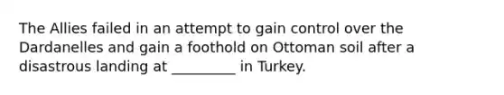 The Allies failed in an attempt to gain control over the Dardanelles and gain a foothold on Ottoman soil after a disastrous landing at _________ in Turkey.