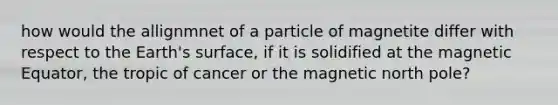 how would the allignmnet of a particle of magnetite differ with respect to the Earth's surface, if it is solidified at the magnetic Equator, the tropic of cancer or the magnetic north pole?