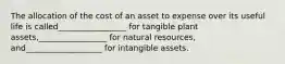 The allocation of the cost of an asset to expense over its useful life is called_________________ for tangible plant assets,_________________ for natural resources, and___________________ for intangible assets.