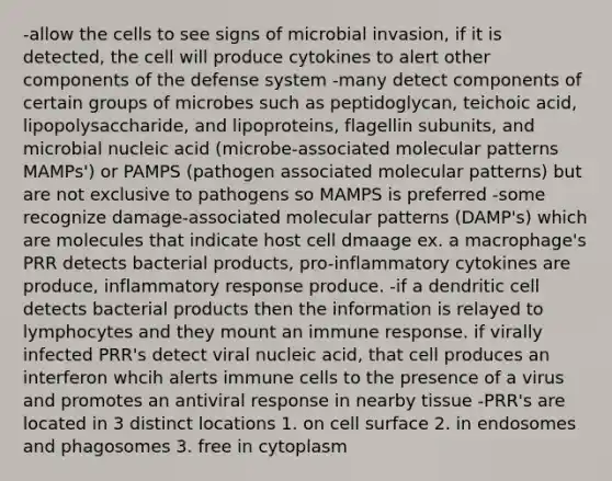 -allow the cells to see signs of microbial invasion, if it is detected, the cell will produce cytokines to alert other components of the defense system -many detect components of certain groups of microbes such as peptidoglycan, teichoic acid, lipopolysaccharide, and lipoproteins, flagellin subunits, and microbial nucleic acid (microbe-associated molecular patterns MAMPs') or PAMPS (pathogen associated molecular patterns) but are not exclusive to pathogens so MAMPS is preferred -some recognize damage-associated molecular patterns (DAMP's) which are molecules that indicate host cell dmaage ex. a macrophage's PRR detects bacterial products, pro-inflammatory cytokines are produce, inflammatory response produce. -if a dendritic cell detects bacterial products then the information is relayed to lymphocytes and they mount an immune response. if virally infected PRR's detect viral nucleic acid, that cell produces an interferon whcih alerts immune cells to the presence of a virus and promotes an antiviral response in nearby tissue -PRR's are located in 3 distinct locations 1. on cell surface 2. in endosomes and phagosomes 3. free in cytoplasm