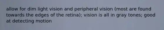 allow for dim light vision and peripheral vision (most are found towards the edges of the retina); vision is all in gray tones; good at detecting motion