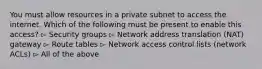 You must allow resources in a private subnet to access the internet. Which of the following must be present to enable this access? ▻ Security groups ▻ Network address translation (NAT) gateway ▻ Route tables ▻ Network access control lists (network ACLs) ▻ All of the above