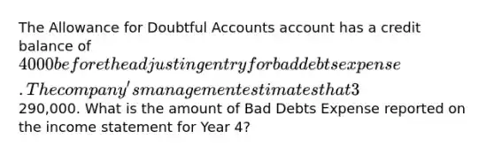 The Allowance for Doubtful Accounts account has a credit balance of 4000 before the adjusting entry for bad debts expense. The company's management estimates that 3% of net credit sales will be uncollectible for the year Year 4. Net credit sales for the year amounted to290,000. What is the amount of Bad Debts Expense reported on the <a href='https://www.questionai.com/knowledge/kCPMsnOwdm-income-statement' class='anchor-knowledge'>income statement</a> for Year 4?