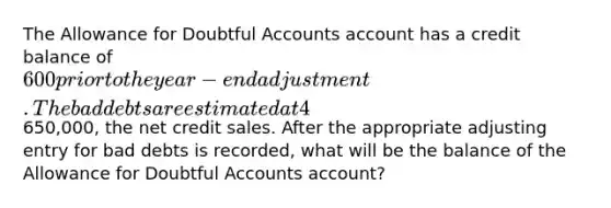 The Allowance for Doubtful Accounts account has a credit balance of 600 prior to the year-end adjustment. The bad debts are estimated at 4% of650,000, the net credit sales. After the appropriate adjusting entry for bad debts is recorded, what will be the balance of the Allowance for Doubtful Accounts account?