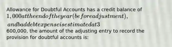 Allowance for Doubtful Accounts has a credit balance of 1,000 at the end of the year (before adjustment), and bad debt expense is estimated at 3% of net sales. If net sales are600,000, the amount of the adjusting entry to record the provision for doubtful accounts is: