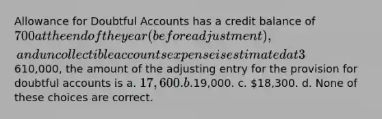 Allowance for Doubtful Accounts has a credit balance of 700 at the end of the year (before adjustment), and uncollectible accounts expense is estimated at 3% of sales. If sales are610,000, the amount of the adjusting entry for the provision for doubtful accounts is a. 17,600. b.19,000. c. 18,300. d. None of these choices are correct.