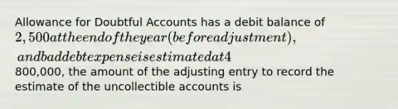 Allowance for Doubtful Accounts has a debit balance of 2,500 at the end of the year (before adjustment), and bad debt expense is estimated at 4% of net credit sales. If net credit sales are800,000, the amount of the adjusting entry to record the estimate of the uncollectible accounts is