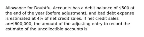 Allowance for Doubtful Accounts has a debit balance of 500 at the end of the year (before adjustment), and bad debt expense is estimated at 4% of net credit sales. If net credit sales are600,000, the amount of the adjusting entry to record the estimate of the uncollectible accounts is