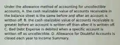 Under the allowance method of accounting for uncollectible accounts, A. the cash realizable value of accounts receivable in the balance sheet is the same before and after an account is written off. B. the cash realizable value of accounts receivable is greater before an account is written off than after it is written off. C. Bad Debt Expense is debited when a specific account is written off as uncollectible. D. Allowance for Doubtful Accounts is closed each year to Income Summary.