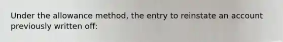 Under the allowance method, the entry to reinstate an account previously written off: