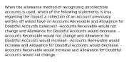 When the allowance method of recognizing uncollectible accounts is used, which of the following statements is true regarding the impact a collection of an account previously written off would have on Accounts Receivable and Allowance for Doubtful Accounts balances? -Accounts Receivable would not change and Allowance for Doubtful Accounts would decrease. -Accounts Receivable would not change and Allowance for Doubtful Accounts would increase. -Accounts Receivable would increase and Allowance for Doubtful Accounts would decrease. -Accounts Receivable would increase and Allowance for Doubtful Accounts would not change.