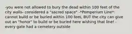 -you were not allowed to bury the dead within 100 feet of the city walls- considered a "sacred space" -*Pomperium Line*: cannot build or be buried within 100 feet, BUT the city can give out an "honor" to build or be buried here wishing that line! -every gate had a cemetery outside