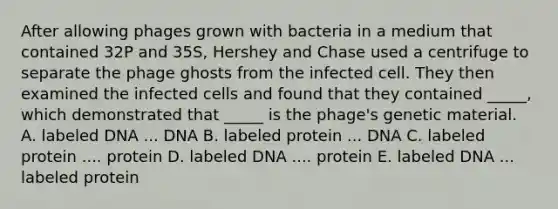 After allowing phages grown with bacteria in a medium that contained 32P and 35S, Hershey and Chase used a centrifuge to separate the phage ghosts from the infected cell. They then examined the infected cells and found that they contained _____, which demonstrated that _____ is the phage's genetic material. A. labeled DNA ... DNA B. labeled protein ... DNA C. labeled protein .... protein D. labeled DNA .... protein E. labeled DNA ... labeled protein