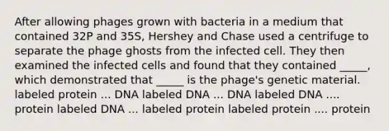 After allowing phages grown with bacteria in a medium that contained 32P and 35S, Hershey and Chase used a centrifuge to separate the phage ghosts from the infected cell. They then examined the infected cells and found that they contained _____, which demonstrated that _____ is the phage's genetic material. labeled protein ... DNA labeled DNA ... DNA labeled DNA .... protein labeled DNA ... labeled protein labeled protein .... protein