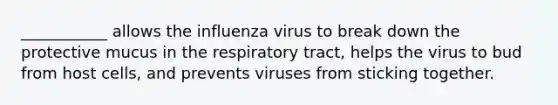 ___________ allows the influenza virus to break down the protective mucus in the respiratory tract, helps the virus to bud from host cells, and prevents viruses from sticking together.