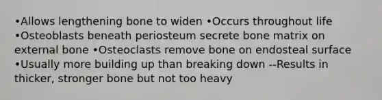 •Allows lengthening bone to widen •Occurs throughout life •Osteoblasts beneath periosteum secrete bone matrix on external bone •Osteoclasts remove bone on endosteal surface •Usually more building up than breaking down --Results in thicker, stronger bone but not too heavy