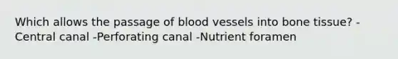 Which allows the passage of blood vessels into bone tissue? -Central canal -Perforating canal -Nutrient foramen