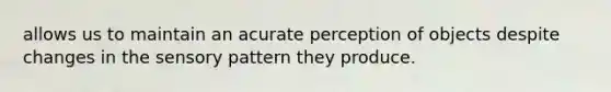 allows us to maintain an acurate perception of objects despite changes in the sensory pattern they produce.