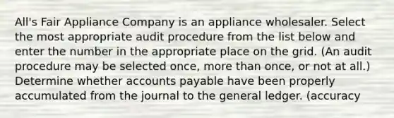 All's Fair Appliance Company is an appliance wholesaler. Select the most appropriate audit procedure from the list below and enter the number in the appropriate place on the grid. (An audit procedure may be selected once, more than once, or not at all.) Determine whether accounts payable have been properly accumulated from the journal to the general ledger. (accuracy