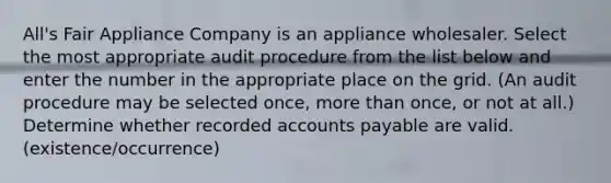 All's Fair Appliance Company is an appliance wholesaler. Select the most appropriate audit procedure from the list below and enter the number in the appropriate place on the grid. (An audit procedure may be selected once, more than once, or not at all.) Determine whether recorded accounts payable are valid. (existence/occurrence)