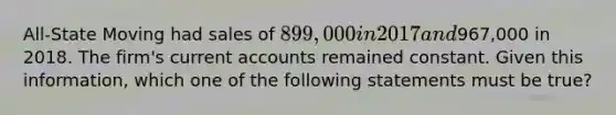 All-State Moving had sales of 899,000 in 2017 and967,000 in 2018. The firm's current accounts remained constant. Given this information, which one of the following statements must be true?