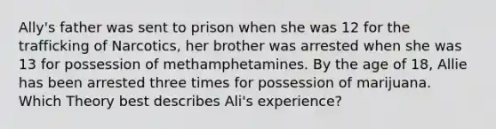 Ally's father was sent to prison when she was 12 for the trafficking of Narcotics, her brother was arrested when she was 13 for possession of methamphetamines. By the age of 18, Allie has been arrested three times for possession of marijuana. Which Theory best describes Ali's experience?