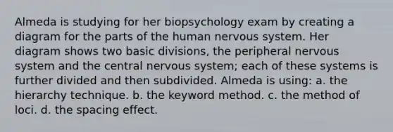 Almeda is studying for her biopsychology exam by creating a diagram for the parts of the human nervous system. Her diagram shows two basic divisions, the peripheral nervous system and the central nervous system; each of these systems is further divided and then subdivided. Almeda is using: a. the hierarchy technique. b. the keyword method. c. the method of loci. d. the spacing effect.