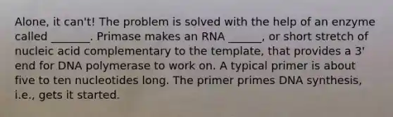 Alone, it can't! The problem is solved with the help of an enzyme called _______. Primase makes an RNA ______, or short stretch of nucleic acid complementary to the template, that provides a 3' end for DNA polymerase to work on. A typical primer is about five to ten nucleotides long. The primer primes DNA synthesis, i.e., gets it started.