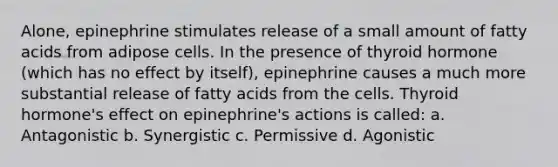 Alone, epinephrine stimulates release of a small amount of fatty acids from adipose cells. In the presence of thyroid hormone (which has no effect by itself), epinephrine causes a much more substantial release of fatty acids from the cells. Thyroid hormone's effect on epinephrine's actions is called: a. Antagonistic b. Synergistic c. Permissive d. Agonistic