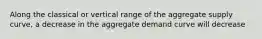 Along the classical or vertical range of the aggregate supply curve, a decrease in the aggregate demand curve will decrease