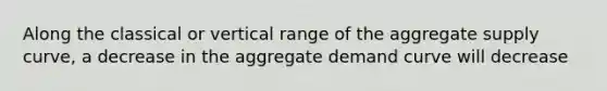 Along the classical or vertical range of the aggregate supply curve, a decrease in the aggregate demand curve will decrease