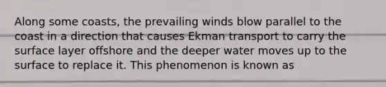 Along some coasts, the prevailing winds blow parallel to the coast in a direction that causes Ekman transport to carry the surface layer offshore and the deeper water moves up to the surface to replace it. This phenomenon is known as