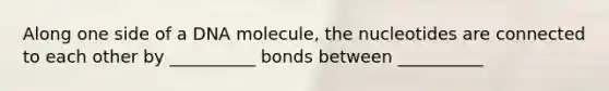 Along one side of a DNA molecule, the nucleotides are connected to each other by __________ bonds between __________