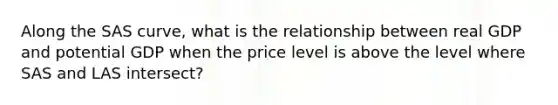 Along the SAS curve, what is the relationship between real GDP and potential GDP when the price level is above the level where SAS and LAS intersect?