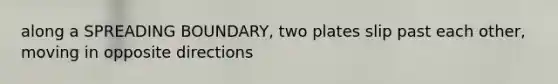 along a SPREADING BOUNDARY, two plates slip past each other, moving in opposite directions