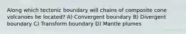 Along which tectonic boundary will chains of composite cone volcanoes be located? A) Convergent boundary B) Divergent boundary C) Transform boundary D) Mantle plumes