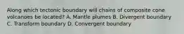 Along which tectonic boundary will chains of composite cone volcanoes be located? A. Mantle plumes B. Divergent boundary C. Transform boundary D. Convergent boundary