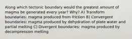 Along which tectonic boundary would the greatest amount of magma be generated every year? Why? A) Transform boundaries: magma produced from friction B) Convergent boundaries: magma produced by dehydration of plate water and partial melting C) Divergent boundaries: magma produced by decompression melting