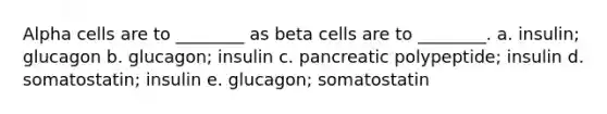 Alpha cells are to ________ as beta cells are to ________. a. insulin; glucagon b. glucagon; insulin c. pancreatic polypeptide; insulin d. somatostatin; insulin e. glucagon; somatostatin