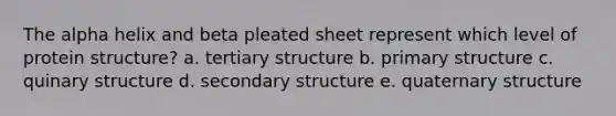 The alpha helix and beta pleated sheet represent which level of protein structure? a. tertiary structure b. primary structure c. quinary structure d. secondary structure e. quaternary structure