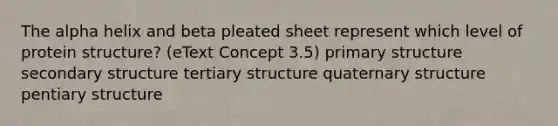 The alpha helix and beta pleated sheet represent which level of protein structure? (eText Concept 3.5) primary structure secondary structure tertiary structure quaternary structure pentiary structure