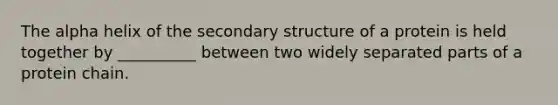 The alpha helix of the <a href='https://www.questionai.com/knowledge/kRddrCuqpV-secondary-structure' class='anchor-knowledge'>secondary structure</a> of a protein is held together by __________ between two widely separated parts of a protein chain.