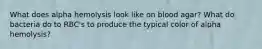 What does alpha hemolysis look like on blood agar? What do bacteria do to RBC's to produce the typical color of alpha hemolysis?