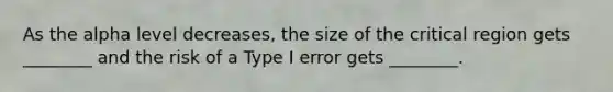 As the alpha level decreases, the size of the critical region gets ________ and the risk of a Type I error gets ________.