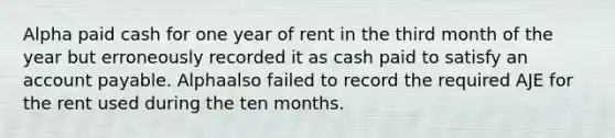 Alpha paid cash for one year of rent in the third month of the year but erroneously recorded it as cash paid to satisfy an account payable. Alphaalso failed to record the required AJE for the rent used during the ten months.