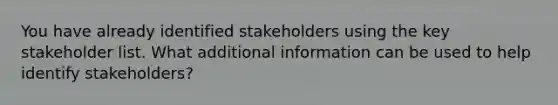 You have already identified stakeholders using the key stakeholder list. What additional information can be used to help identify stakeholders?